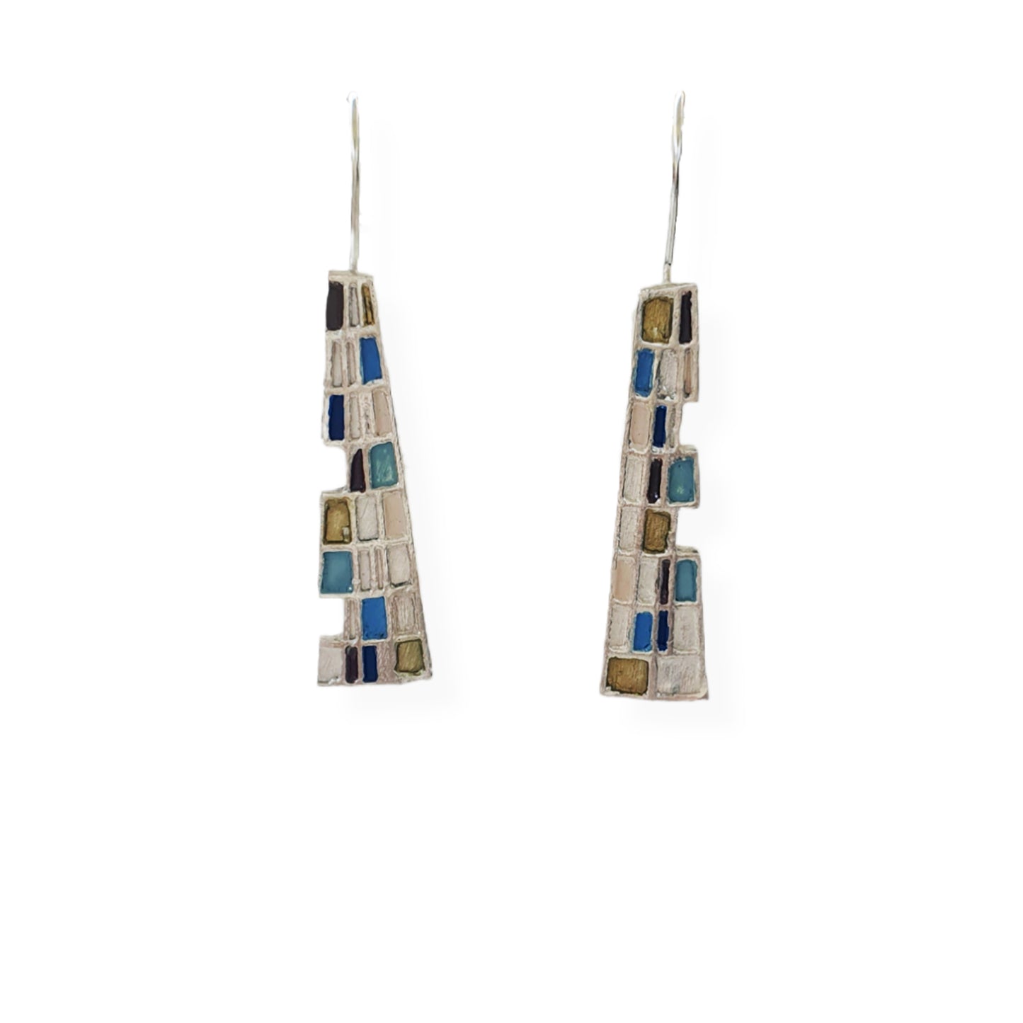 Introducing the Gustav Small Earrings by FR | Art Jewellery: A pair of handmade, dangling earrings showcasing a mosaic design with tiny squares and rectangles in a vibrant array of blue, green, purple, and beige. These silver-set earrings offer a geometric and modern aesthetic, making them perfect for custom-made orders.