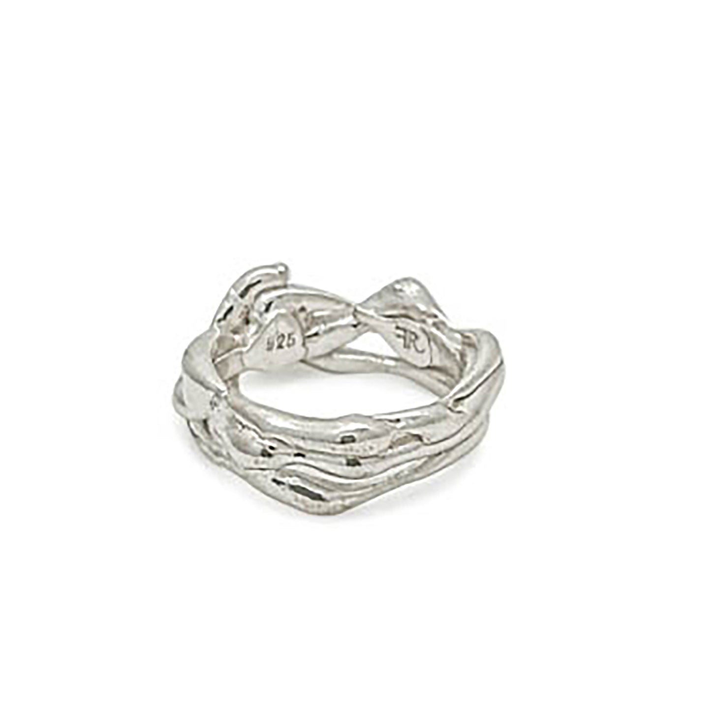 The Freedom Infinite Ring by FR | Art Jewellery is a sterling silver masterpiece designed to resemble intertwined branches, showcasing unique craftsmanship for a natural and organic look.