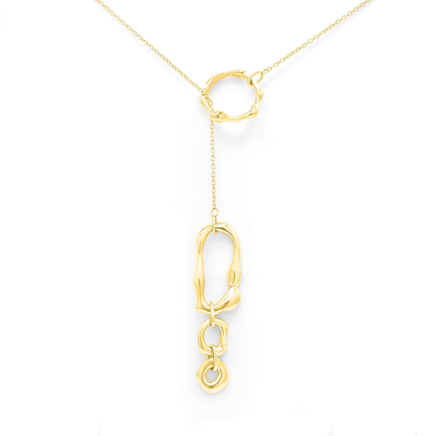 The Join Together Necklace by FR | Art Jewellery showcases a delicate design featuring a circular pendant connected by a thin chain to an asymmetrical, abstract shape. This minimalistic and elegant piece displays the abstract shape hanging below the circular pendant, creating a modern, artistic look. Each handmade piece of this jewellery can be custom-made to order.