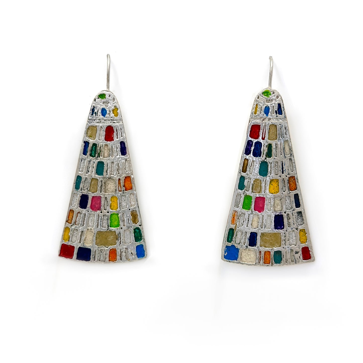 Introducing the Klimt Colours Earrings from FR | Art Jewellery: a stunning pair of silver earrings featuring a distinctive triangular shape. Each piece is adorned with an array of small, colorful mosaic tiles in vibrant hues such as blue, green, red, yellow, and orange. These handmade earrings are designed with hooks for easy fastening and boast a symmetrical design against a plain white background.