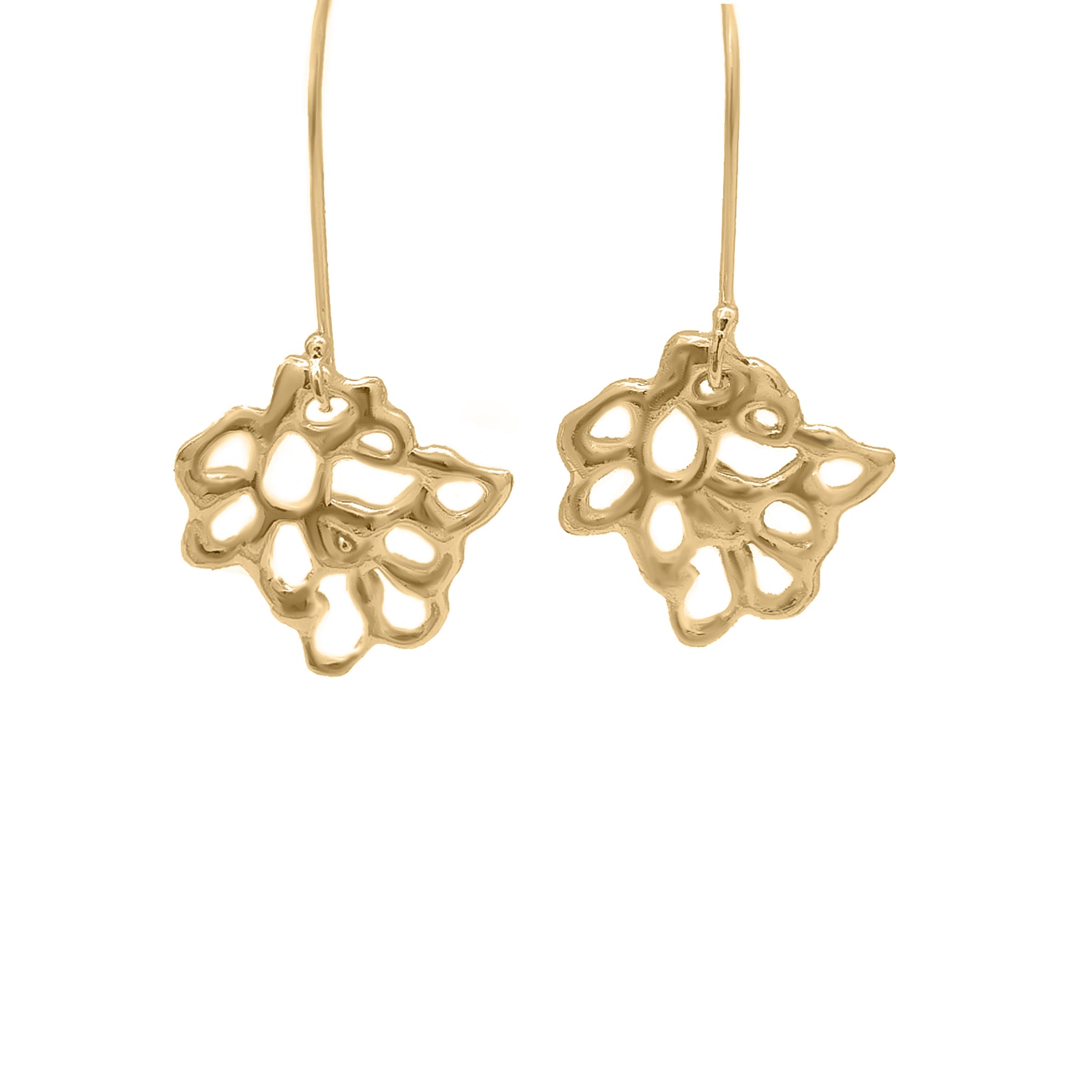 Introducing the Maple Earrings by FR | Art Jewellery: A pair of gold-tone, intricate, filigree-style earrings. The design features various abstract shapes and cutouts, resembling a delicate, lace-like pattern. Handmade jewellery with a polished, shiny finish that speaks of meticulous craftsmanship.