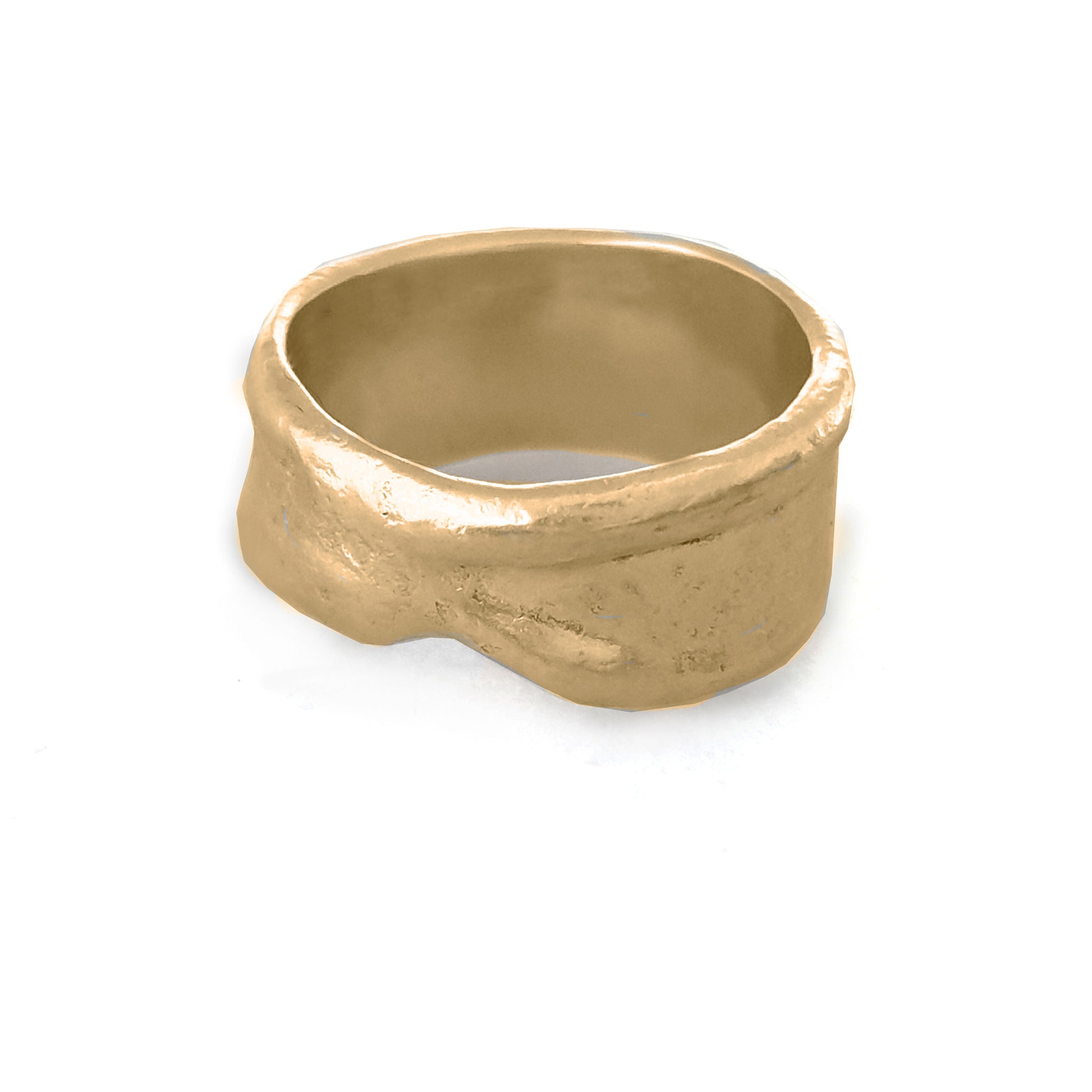 The Melted Ring by FR | Art Jewellery, featuring a rugged, textured surface and a slightly irregular, wide band, sits against a white background. The matte finish of the silver ring enhances its unique, handcrafted design characteristic of Handmade Jewellery.