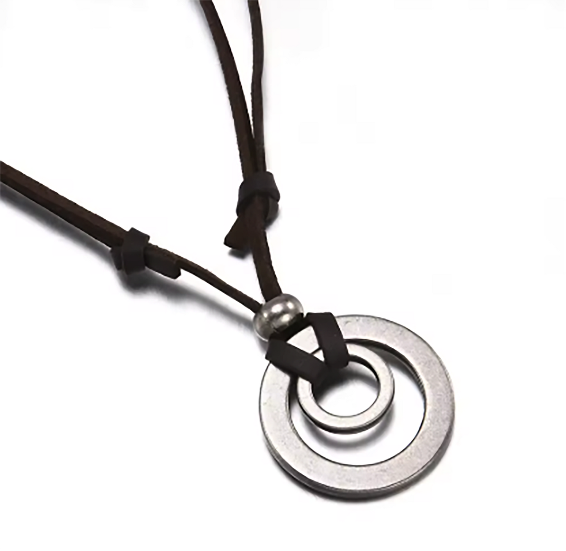 The FR | Art Jewellery Stainless Steel and Leather Circle Necklace by Thamus Design features two linked silver rings on a brown leather cord with knot and bead accents, shown against a white background.