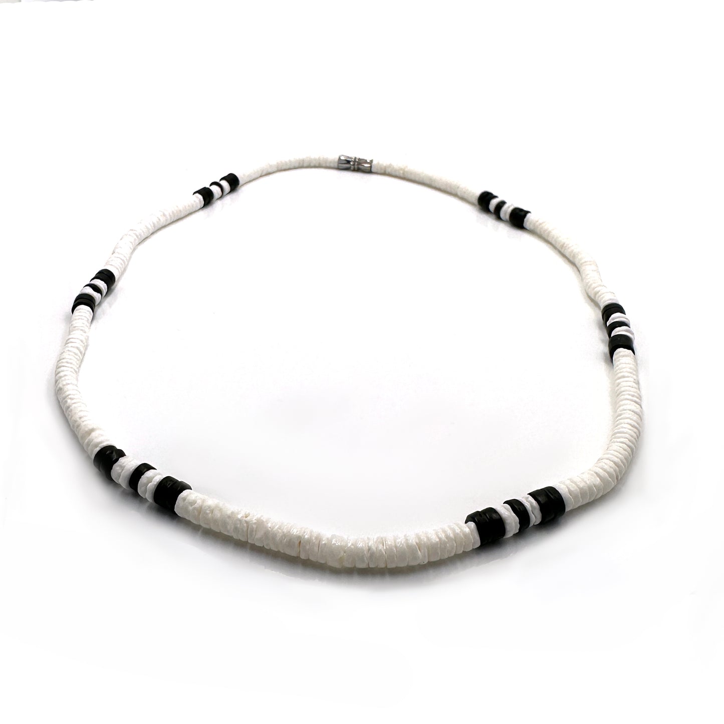 Handmade black and white beaded necklace with alternating pattern, unisex jewellery by Thamus Design Australia.