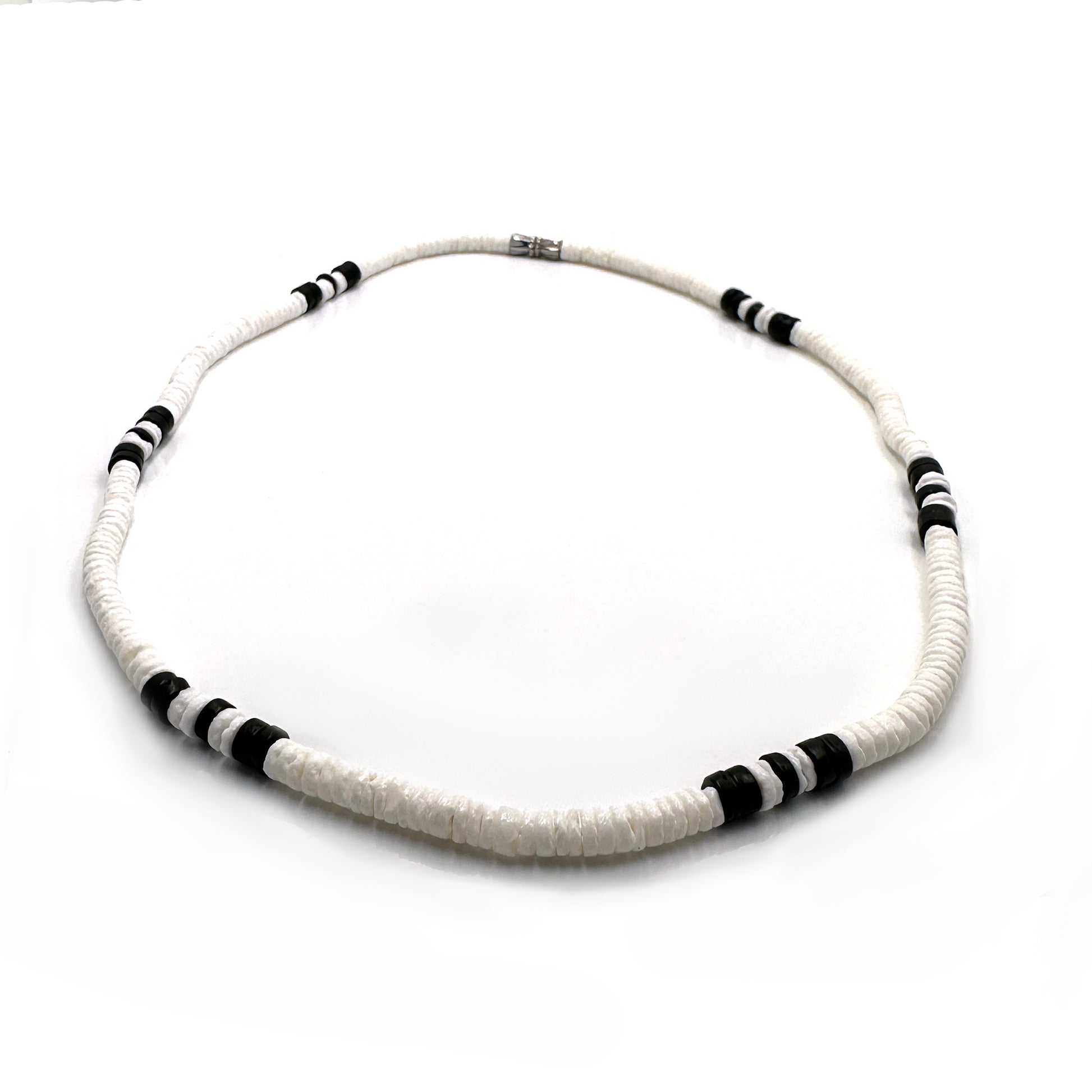 Handmade black and white beaded necklace with alternating pattern, unisex jewellery by Thamus Design Australia.