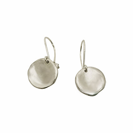 Introducing the New Moon Earrings by FR | Art Jewellery: a pair of minimalist, silver round disc earrings with smooth, slightly irregular surfaces that dangle gracefully from simple hook wire attachments. This handmade jewellery design is sleek and modern, emphasizing clean lines and understated elegance.