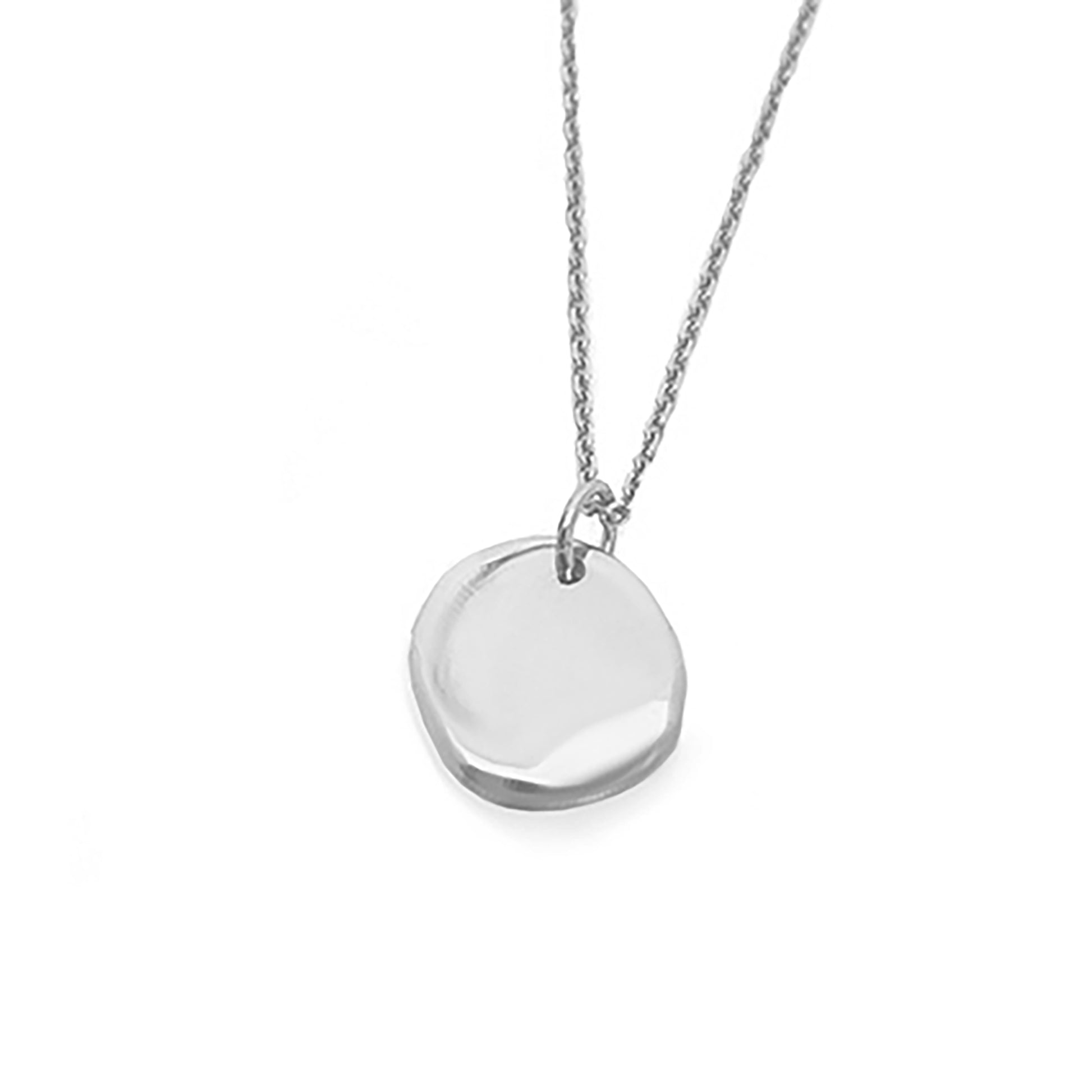 Introducing the New Moon Necklace by FR | Art Jewellery: a delicate silver necklace adorned with a thin, polished, irregularly shaped pendant that hangs gracefully from a fine chain. The pendant captures and reflects light beautifully, providing a shiny and elegant allure. The simple yet refined chain enhances the charm of this handmade jewelry masterpiece without detracting from its captivating focal point.