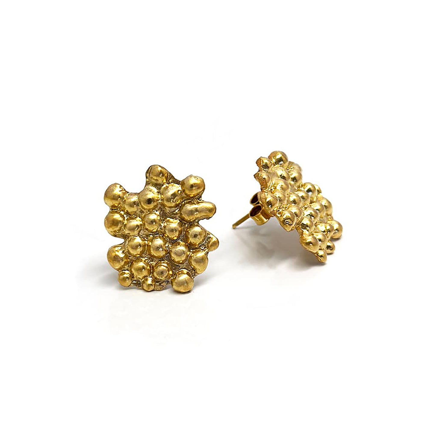 A pair of gold nugget-shaped Perlas Earrings from the FR | Art Jewellery Bondi to Bronte Collection, featuring a textured, uneven surface. The earrings are displayed on a white background, one lying down to show the backing and the other standing upright.