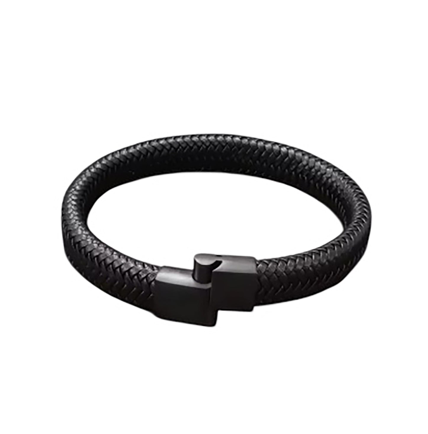 The Men’s Braided Leather Bracelet with Stainless Steel Clasp – Thamus Design by FR | Art Jewellery is shown on a plain white background, adding a sophisticated touch to any men’s accessory collection.