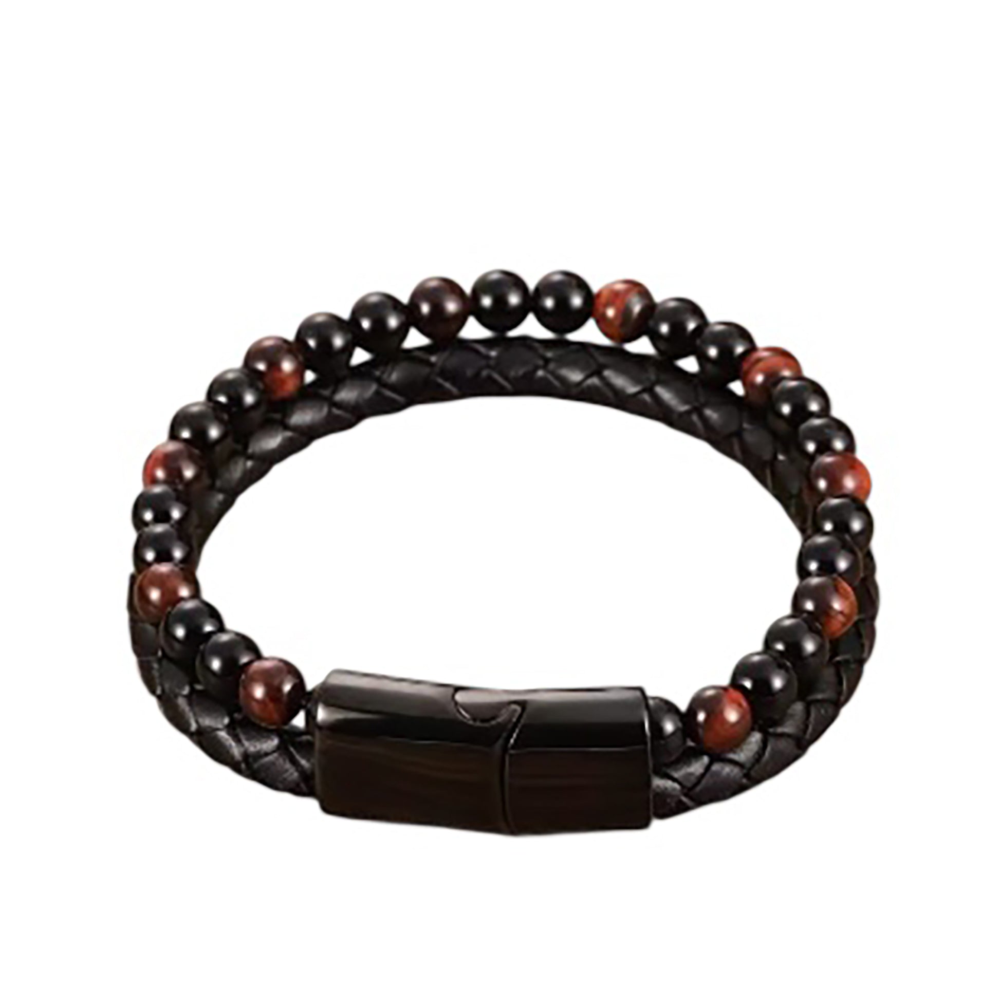 The Men’s Leather and Beaded Bracelet with Stainless Steel Clasp by FR | Art Jewellery (Thamus Design) features a braided leather band, round black and brown gemstone beads, and a sleek stainless steel clasp.