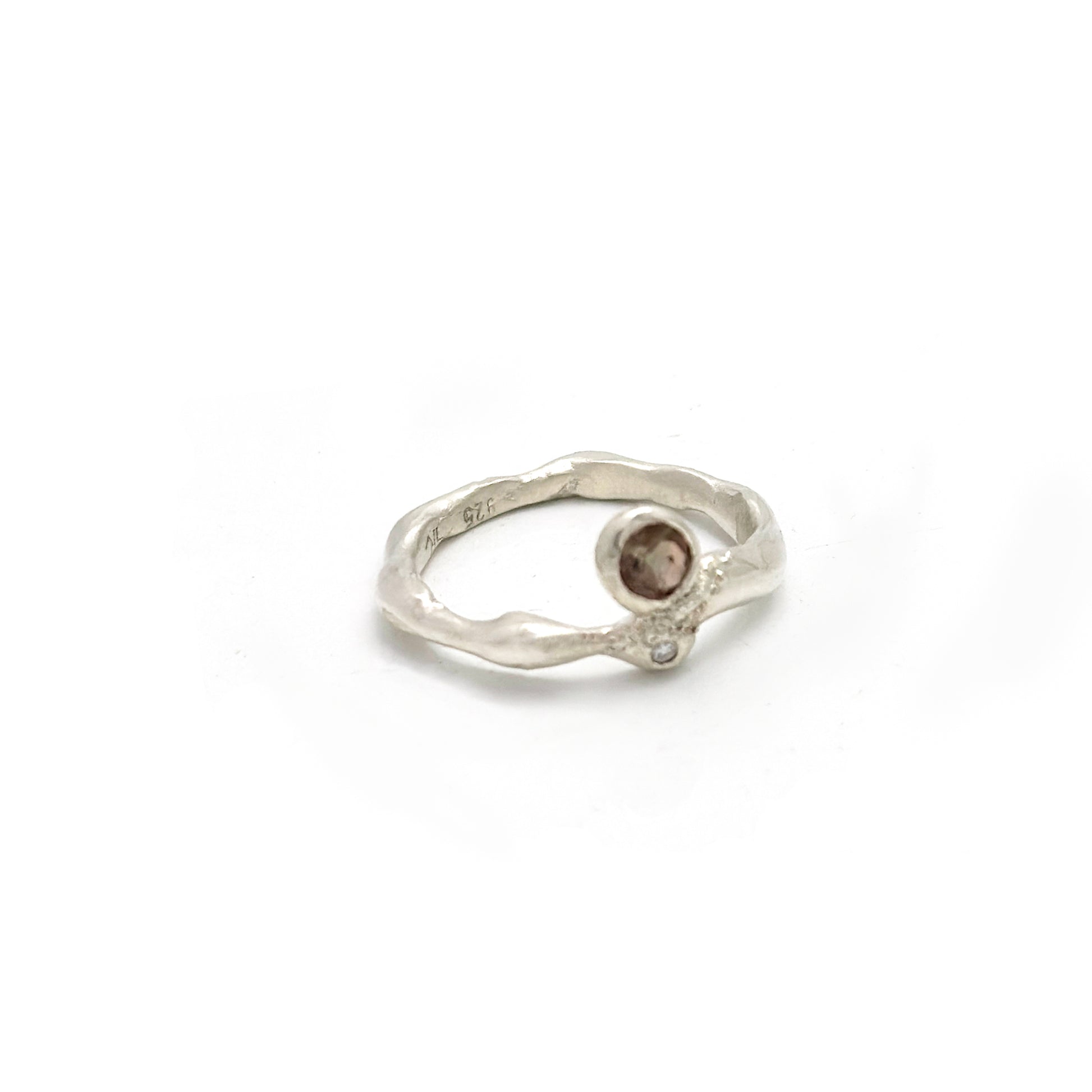 Handmade sterling silver ring with rutilated quartz and white diamond by FR | Art Jewellery, Sydney – organic sculptural design with open band and natural gemstone detail.