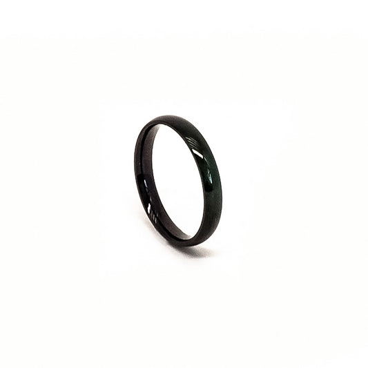 The FR | Art Jewellery Stainless Steel Black 3mm ring, featuring a slim design and polished finish, is displayed upright against a plain white background.