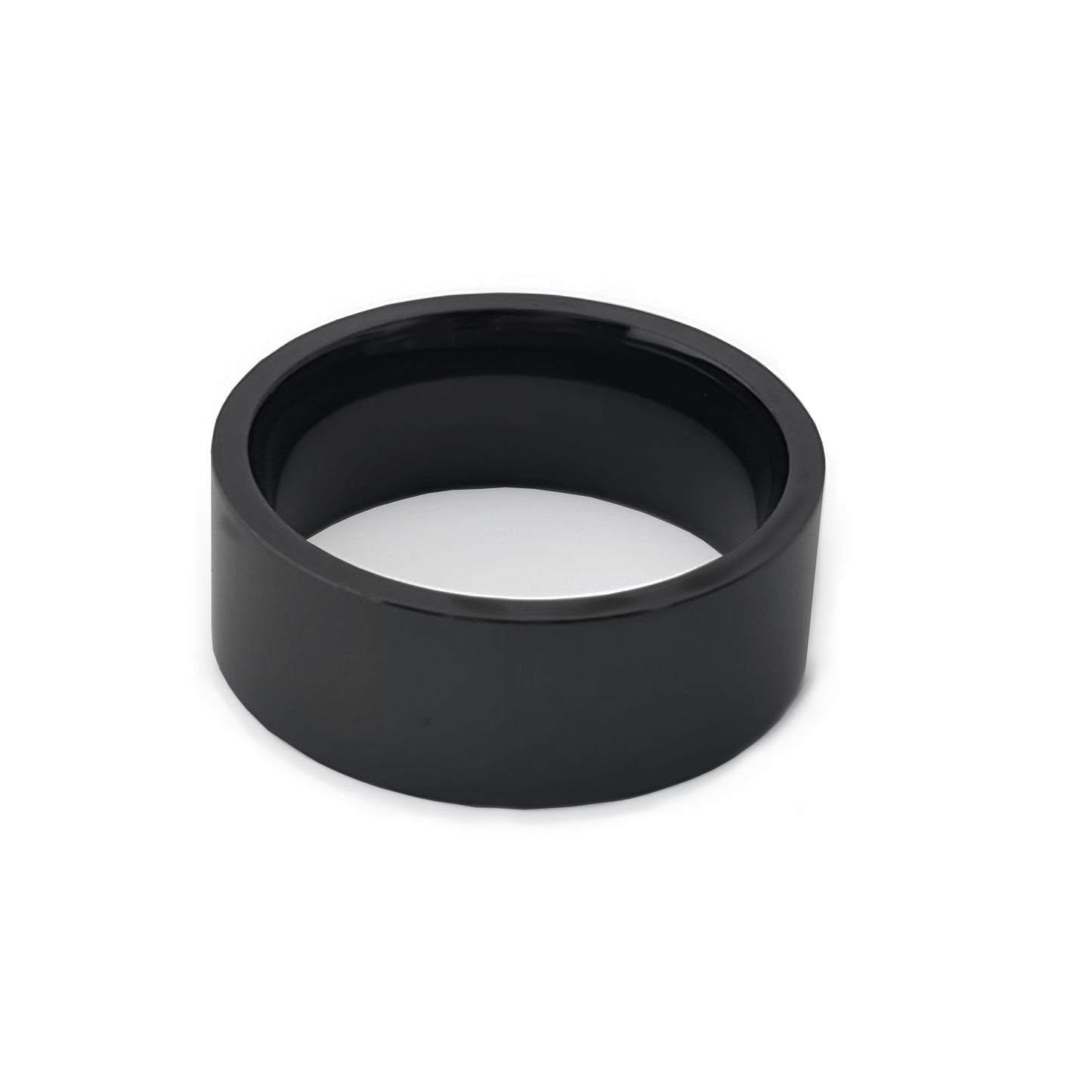 The FR | Art Jewellery Stainless Steel Black Flat Ring features a wide, solid black band with a smooth and glossy finish, displayed against a plain white background.