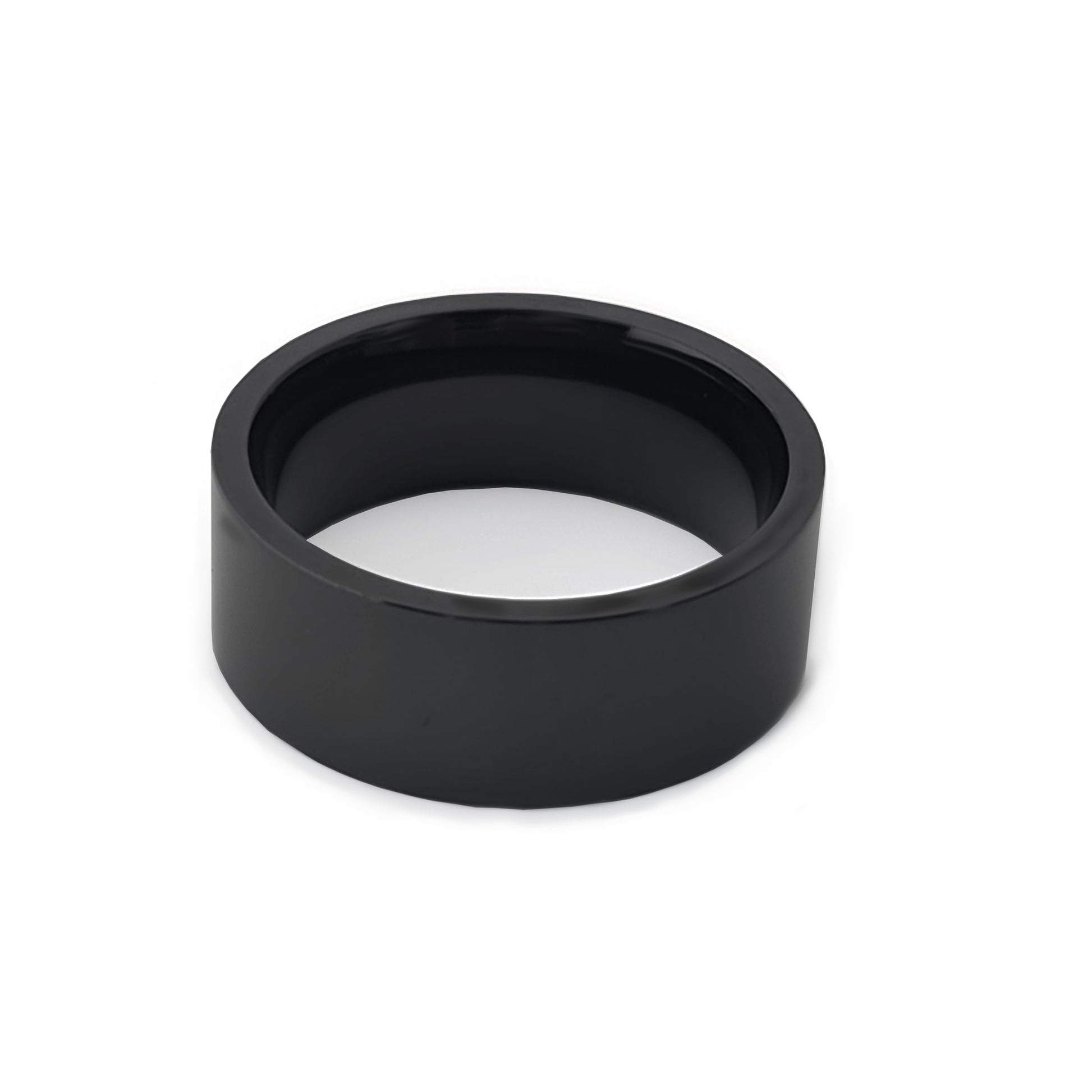 The FR | Art Jewellery Stainless Steel Black Flat Ring features a wide, solid black band with a smooth and glossy finish, displayed against a plain white background.