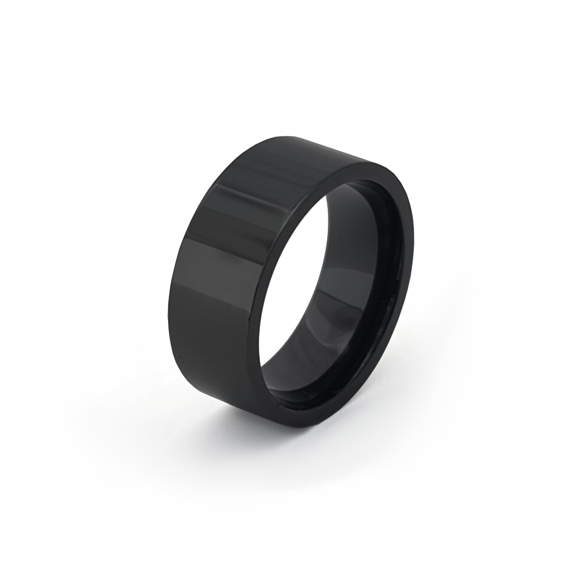 The FR | Art Jewellery Stainless Steel Black Flat Ring features a wide, solid black band with a smooth and glossy finish, displayed against a plain white background.