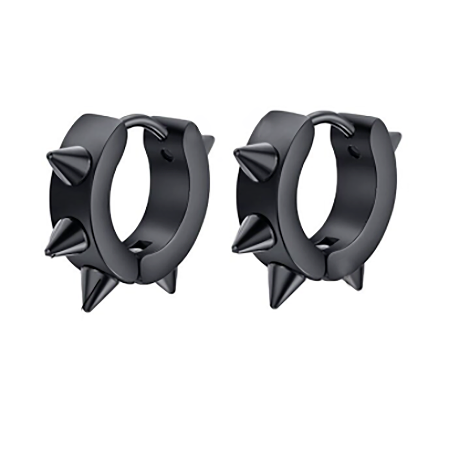 The Punk Stainless Steel earrings by FR | Art Jewellery are black hoops, each adorned with three evenly spaced pointed spikes for a bold, punk-inspired style.