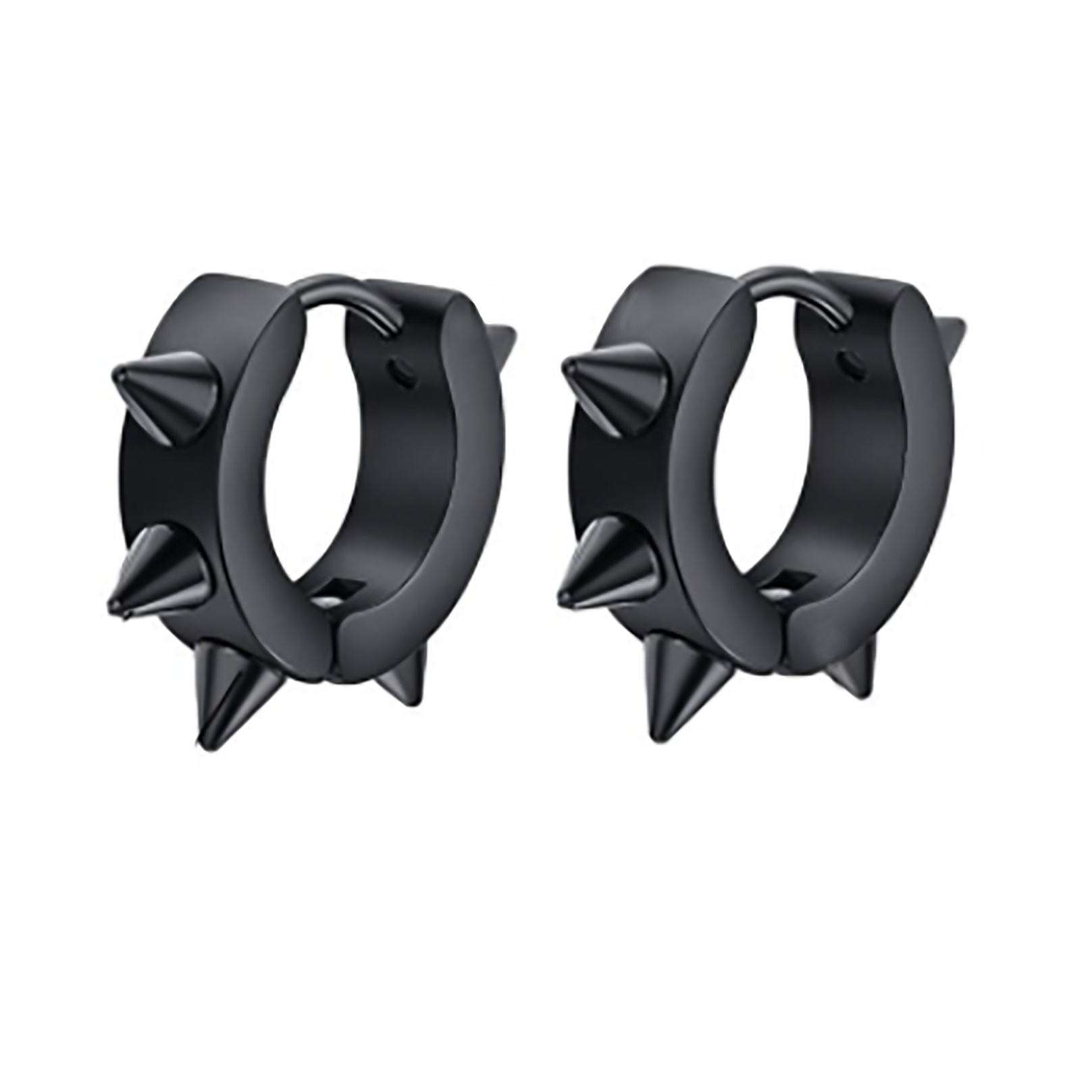 The Punk Stainless Steel earrings by FR | Art Jewellery are black hoops, each adorned with three evenly spaced pointed spikes for a bold, punk-inspired style.