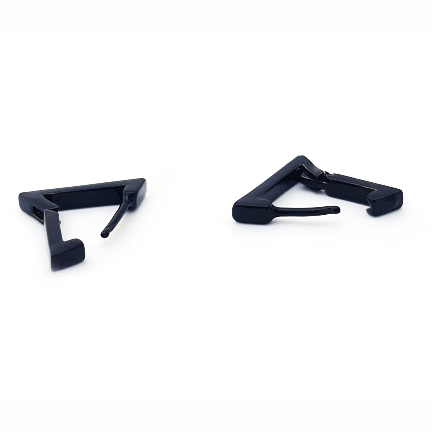 The Triangule Stainless Steel earrings by FR | Art Jewellery feature a minimalist black geometric triangular design, shown on a white background.