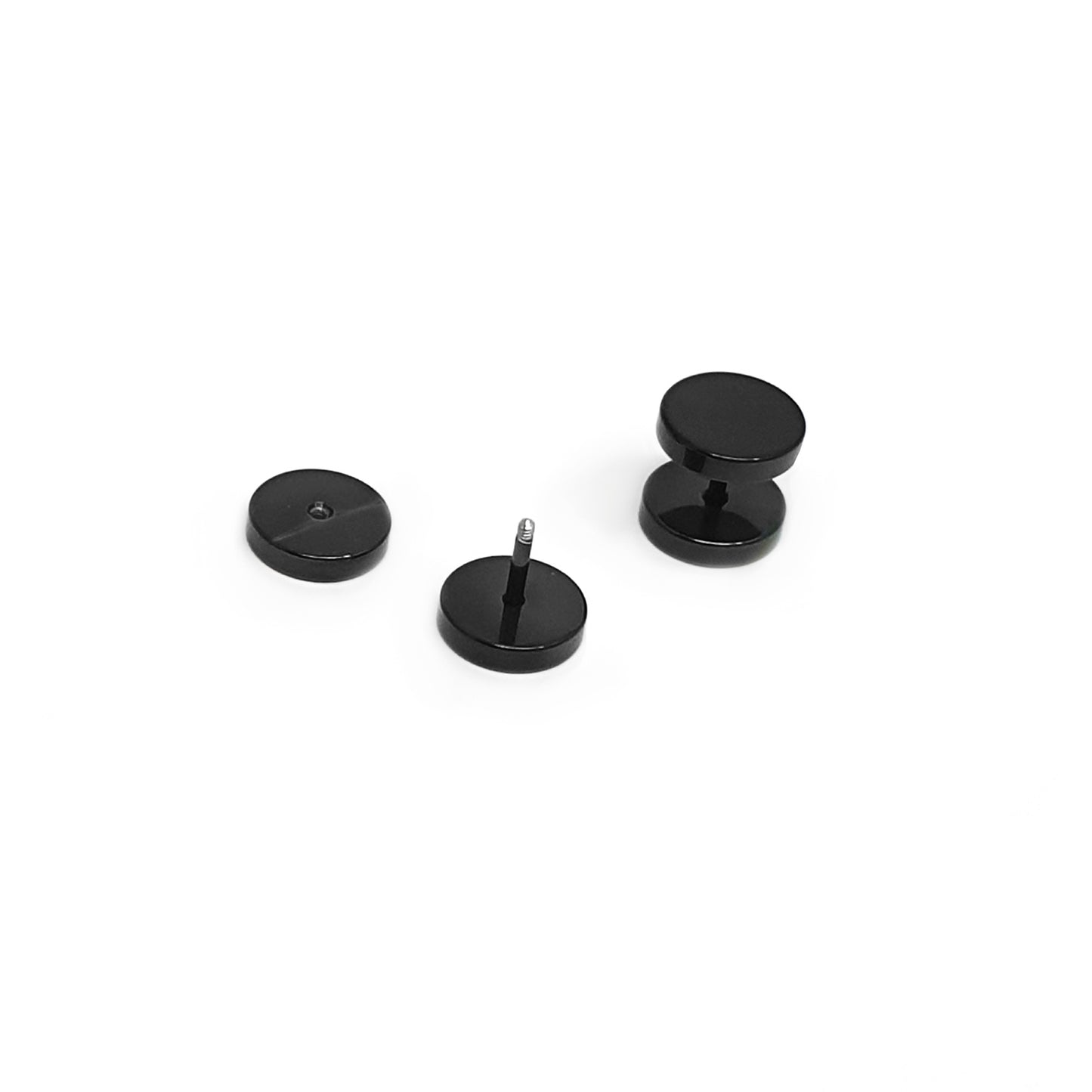 Four Double Stainless Steel Earrings by FR | Art Jewellery, in black unisex style, are arranged on a plain white background—two upright and two lying flat.