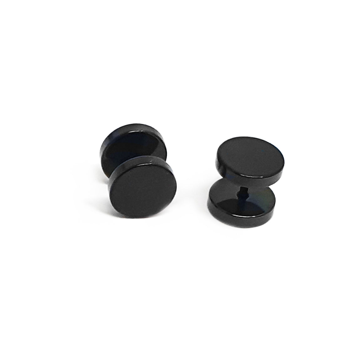 Four Double Stainless Steel Earrings by FR | Art Jewellery, in black unisex style, are arranged on a plain white background—two upright and two lying flat.