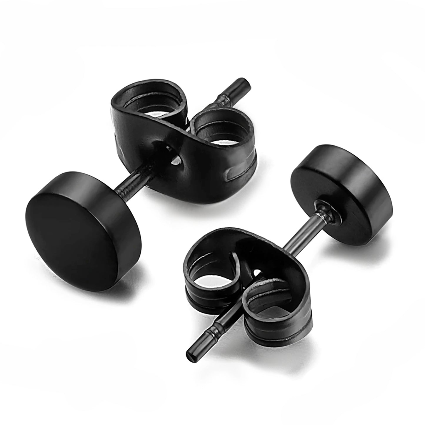 FR | Art Jewellery's Butterfly Stainless Steel Earrings feature black, flat circular studs with butterfly backs, making them a stylish unisex accessory. Displayed on a white background.