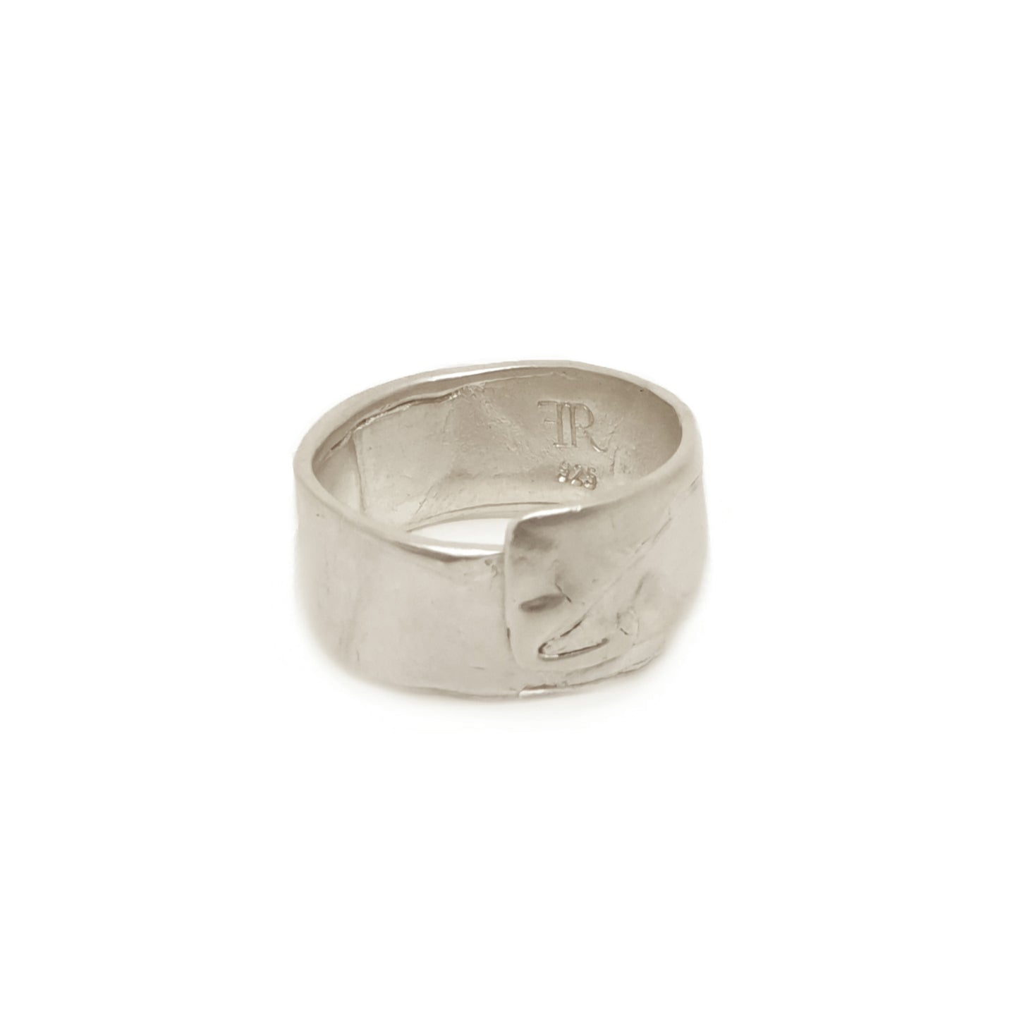 The Sterling Silver Spirel Ring by FR | Art Jewellery features a wide, oxidised band with a wavy textured surface and a visible fingerprint, giving this handcrafted piece an organic, one-of-a-kind look.