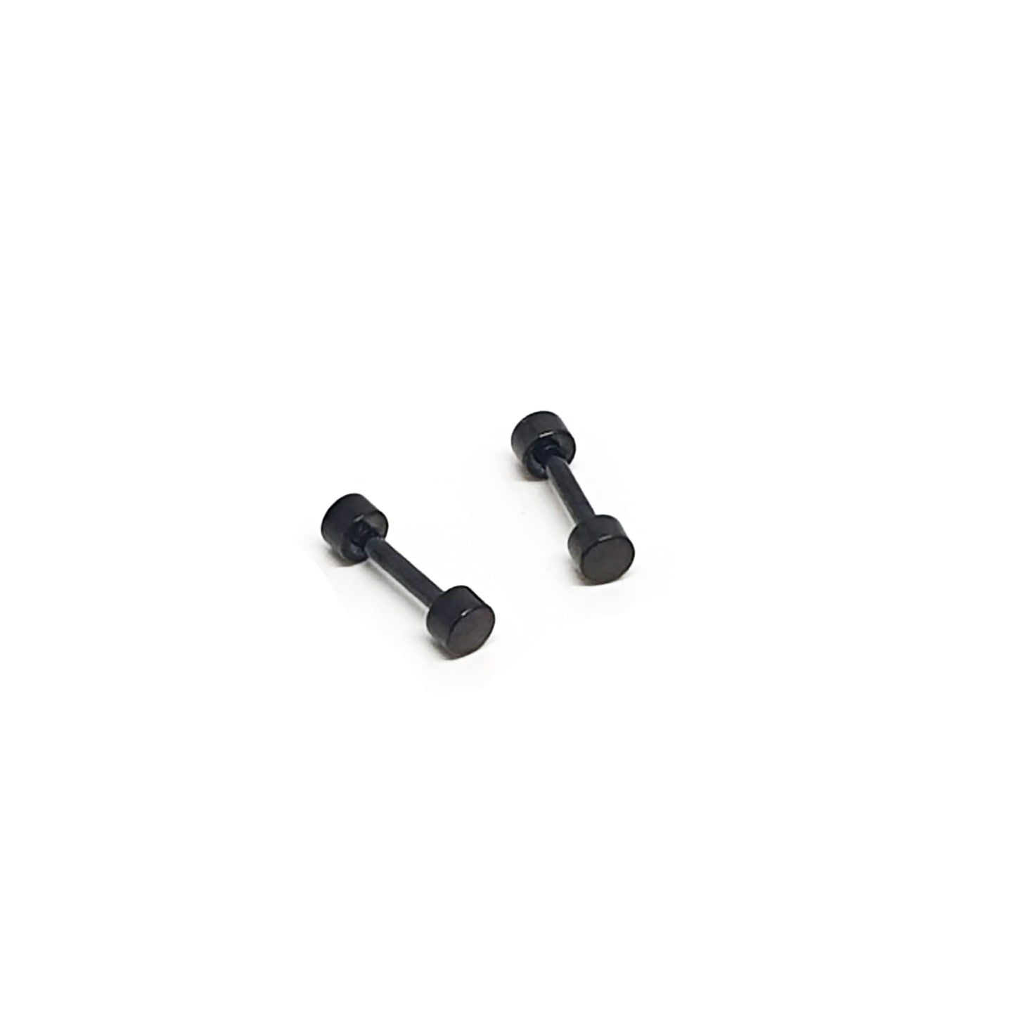 Four Double Stainless Steel Earrings by FR | Art Jewellery, in black unisex style, are arranged on a plain white background—two upright and two lying flat.