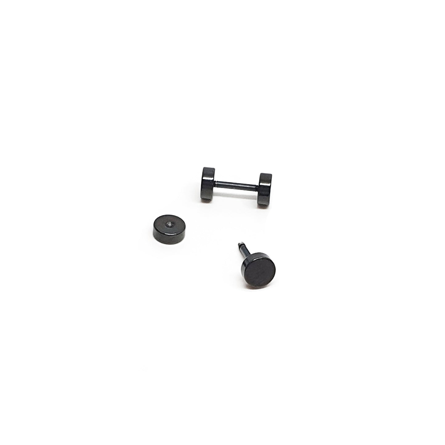 Four Double Stainless Steel Earrings by FR | Art Jewellery, in black unisex style, are arranged on a plain white background—two upright and two lying flat.