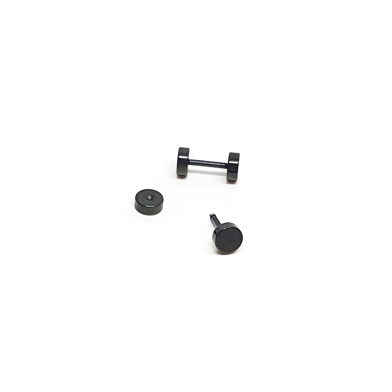 Four Double Stainless Steel Earrings by FR | Art Jewellery, in black unisex style, are arranged on a plain white background—two upright and two lying flat.