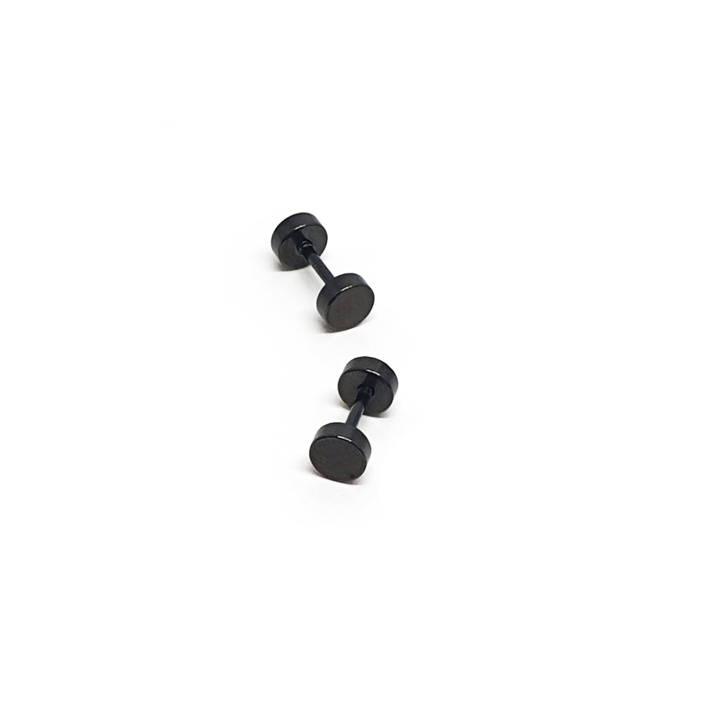 Four Double Stainless Steel Earrings by FR | Art Jewellery, in black unisex style, are arranged on a plain white background—two upright and two lying flat.