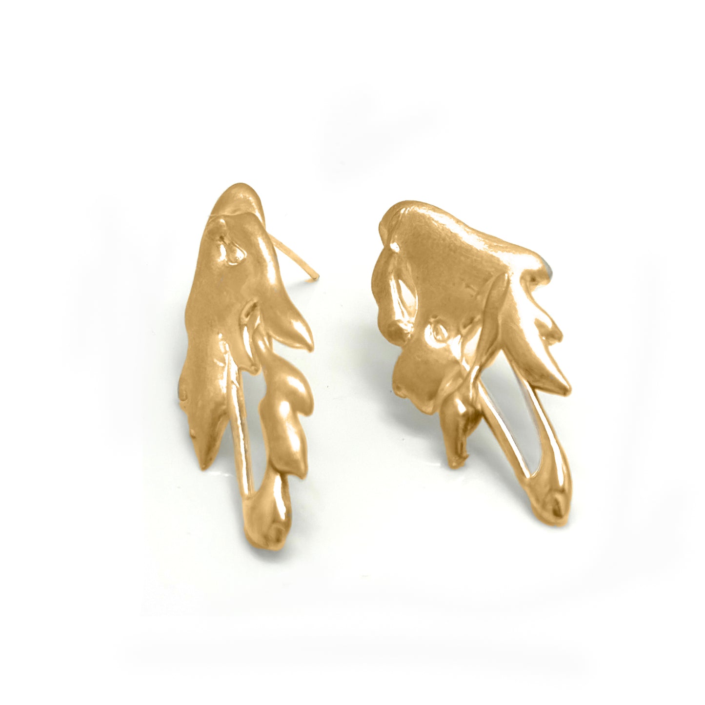 The Symbio Earrings – Gold Plated in Sterling Silver by FR | Art Jewellery feature an abstract wavy, leaf-like design and are handmade wearable art, showcased elegantly against a white background.