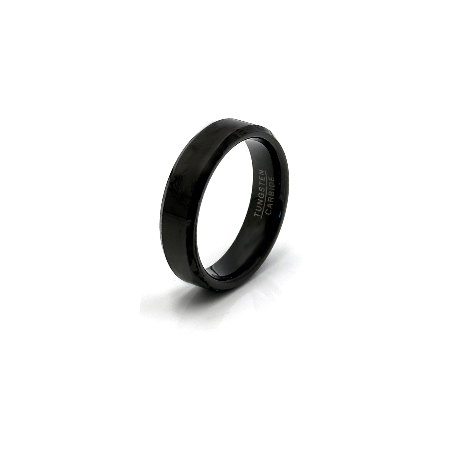 Black tungsten carbide bezel wedding ring with polished finish, modern men’s jewellery by Thamus Design Australia.