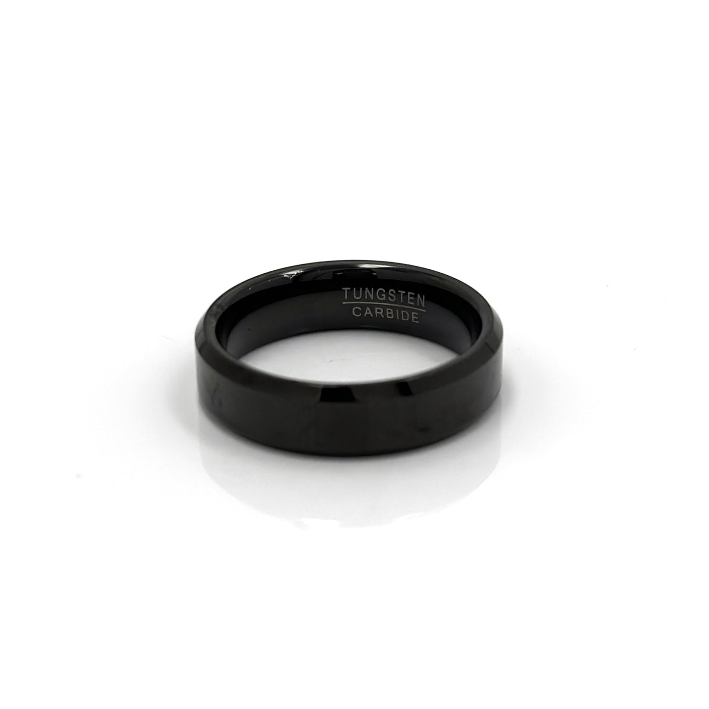 Black tungsten carbide bezel 6mm wedding ring with polished finish, modern men’s jewellery by Thamus Design Australia.