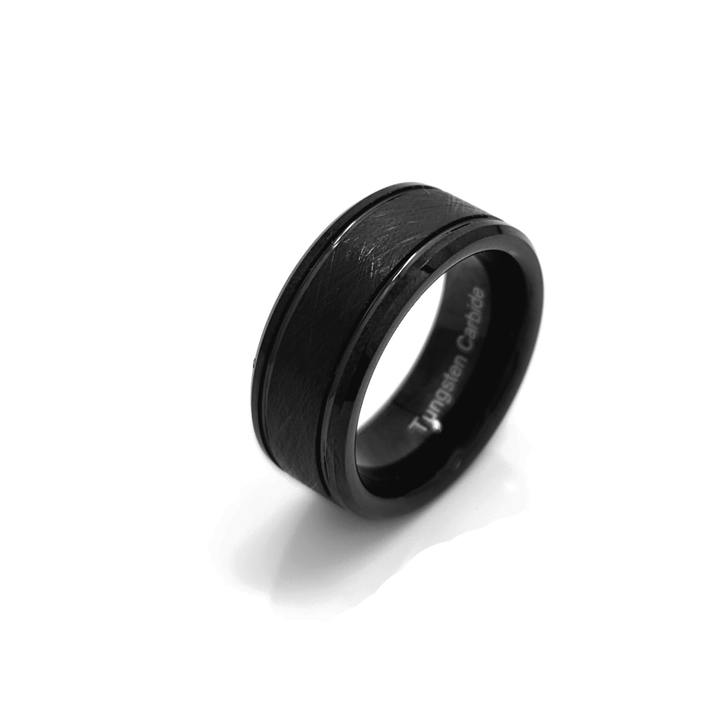The Tungsten Black Bezel Brush ring by FR | Art Jewellery features a comfort-fit design, smooth polished finish, and a subtle brushed center band, shown against a white background.