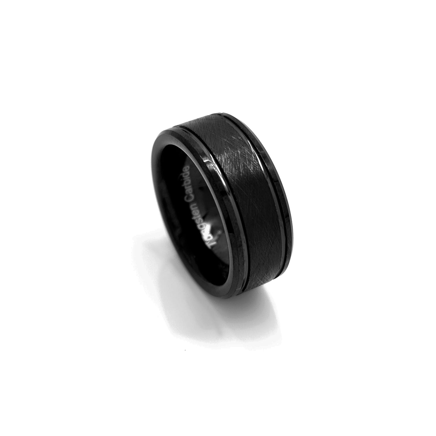 The Tungsten Black Bezel Brush ring by FR | Art Jewellery features a comfort-fit design, smooth polished finish, and a subtle brushed center band, shown against a white background.