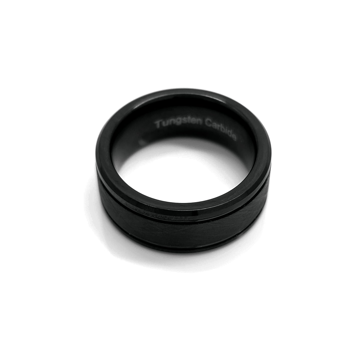 The Tungsten Black Bezel Brush ring by FR | Art Jewellery features a comfort-fit design, smooth polished finish, and a subtle brushed center band, shown against a white background.