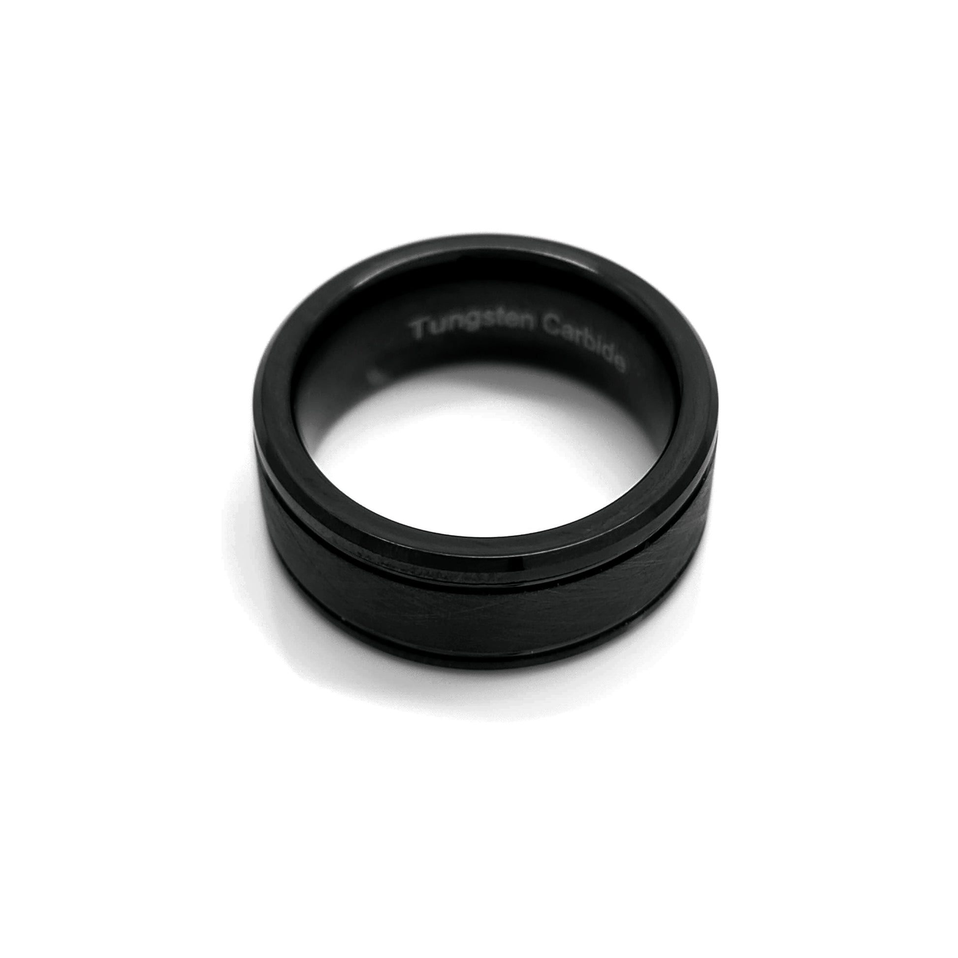 The Tungsten Black Bezel Brush ring by FR | Art Jewellery features a comfort-fit design, smooth polished finish, and a subtle brushed center band, shown against a white background.