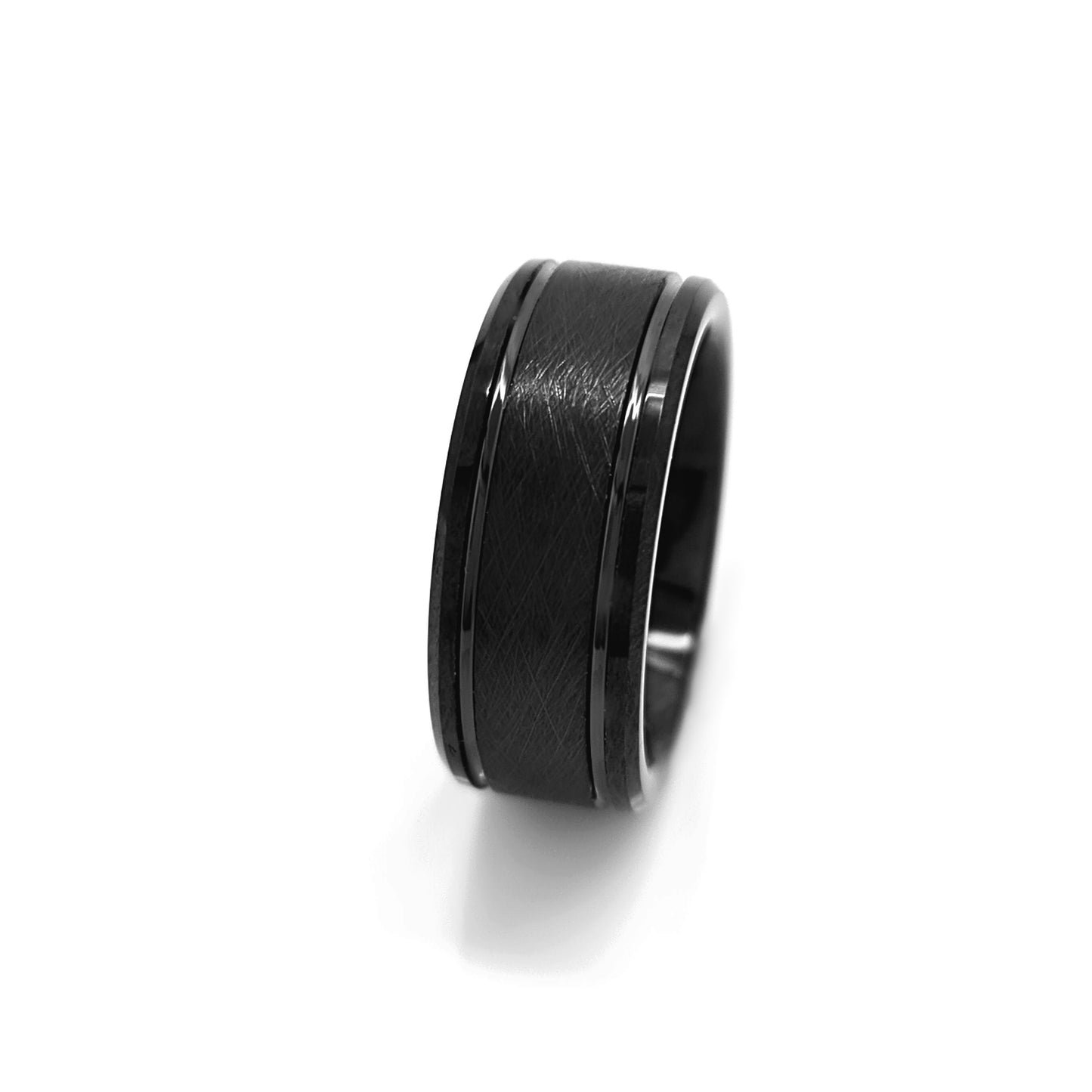 The Tungsten Black Bezel Brush ring by FR | Art Jewellery features a comfort-fit design, smooth polished finish, and a subtle brushed center band, shown against a white background.