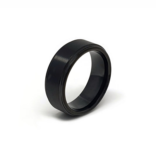 The FR | Art Jewellery Tungsten Black Brush ring is shown on a white background—this tungsten carbide piece features a comfort-fit wedding band design and a sleek black matte finish.