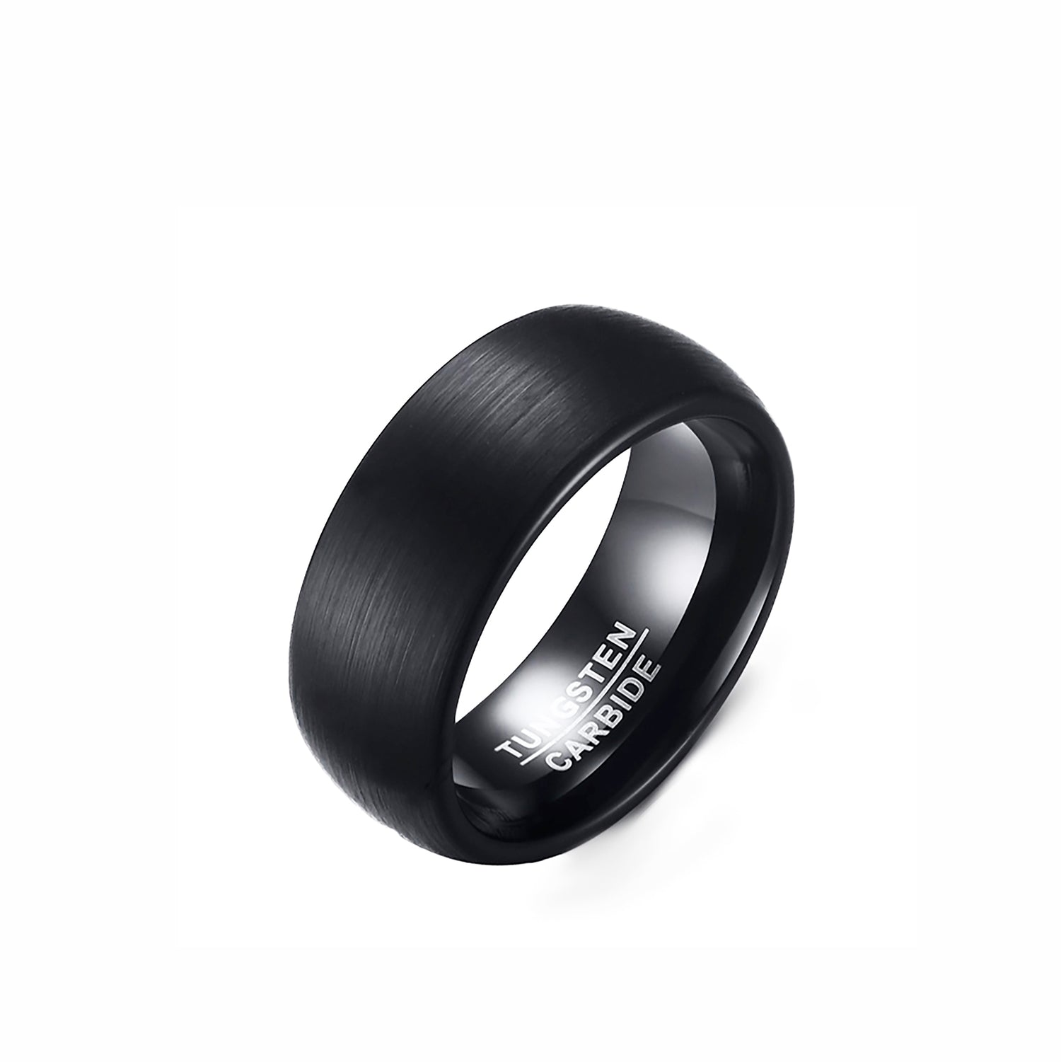 The FR | Art Jewellery Tungsten Black Ring – Unbreakable Strength, Timeless Style – features a brushed matte finish, comfort-fit design, polished engraved interior, and is photographed angled on a white background.