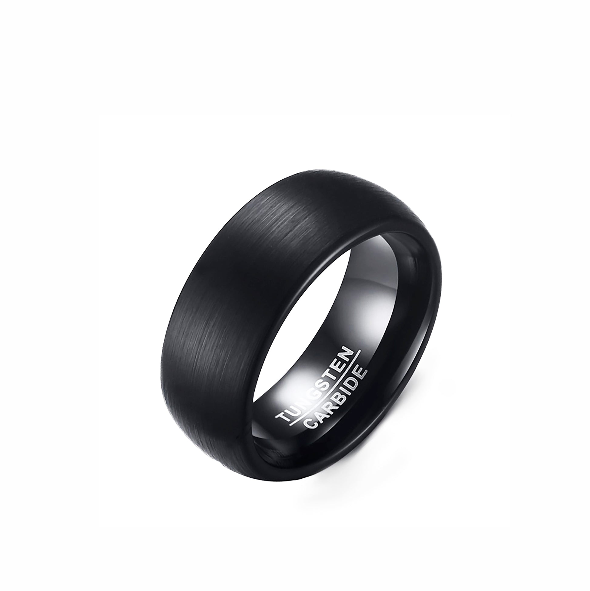 The Tungsten Black ring by FR | Art Jewellery features a matte black tungsten carbide band with a sleek, brushed finish and comfort-fit design. "TUNGSTEN CARBIDE" is engraved inside. Shown on a plain white background.
