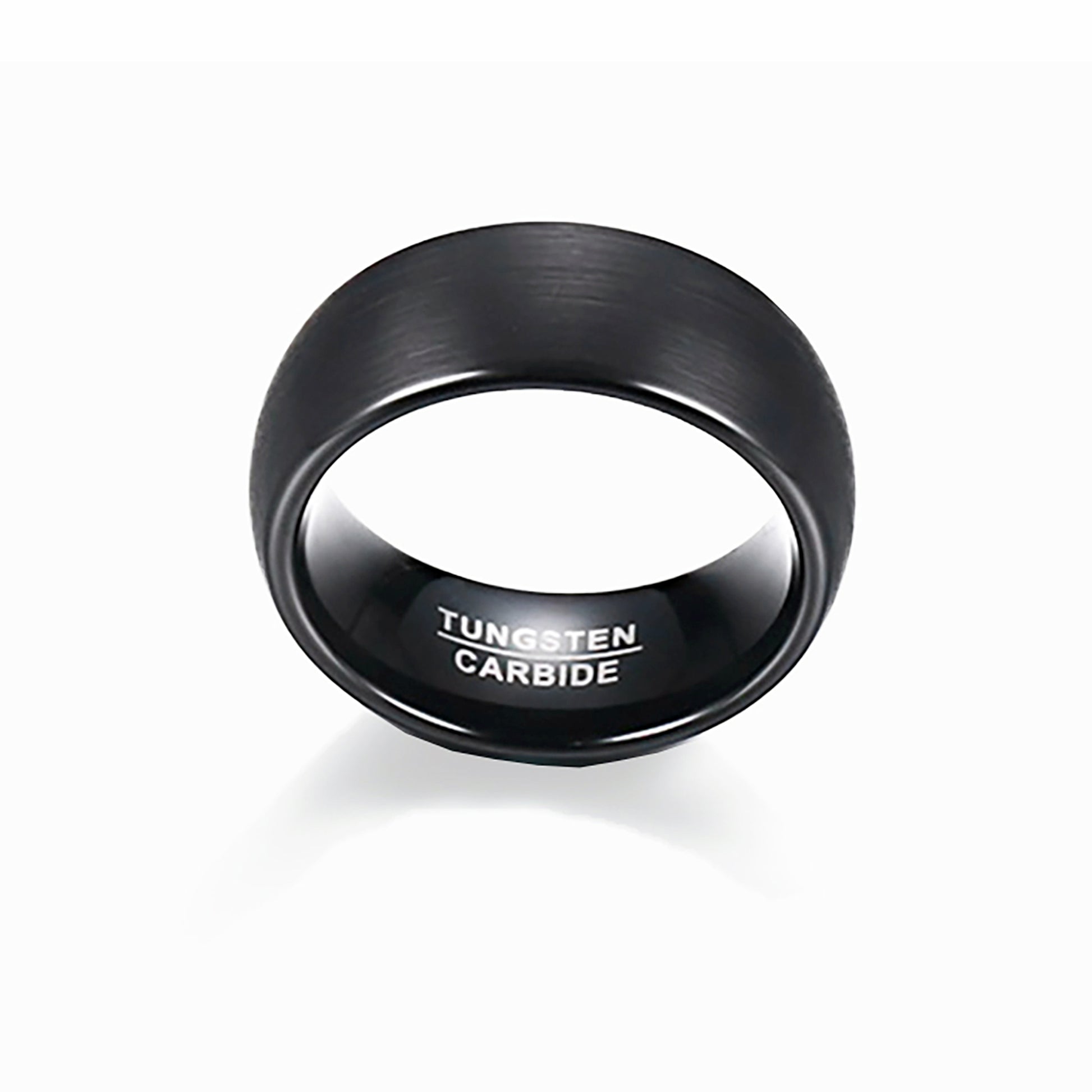 The Tungsten Black ring by FR | Art Jewellery features a matte black tungsten carbide band with a sleek, brushed finish and comfort-fit design. "TUNGSTEN CARBIDE" is engraved inside. Shown on a plain white background.