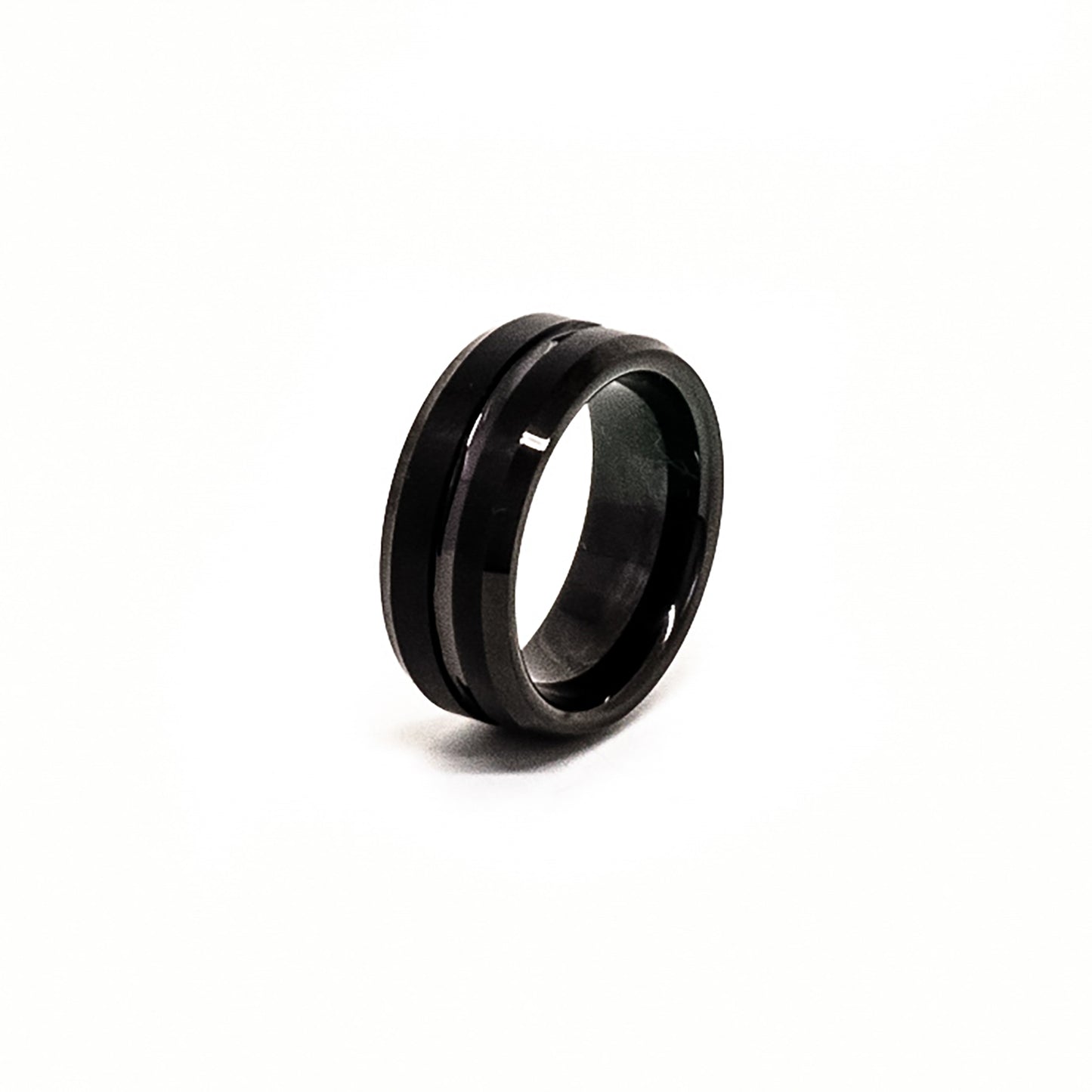 The FR | Art Jewellery Tungsten Black Middle Groove ring features a comfort fit, black matte finish, and a single glossy center groove, shown against a white background.