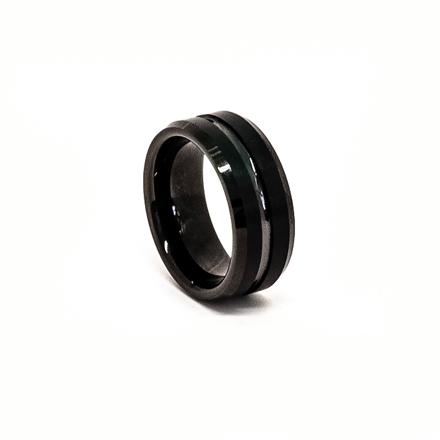 The FR | Art Jewellery Tungsten Black Middle Groove ring features a comfort fit, black matte finish, and a single glossy center groove, shown against a white background.