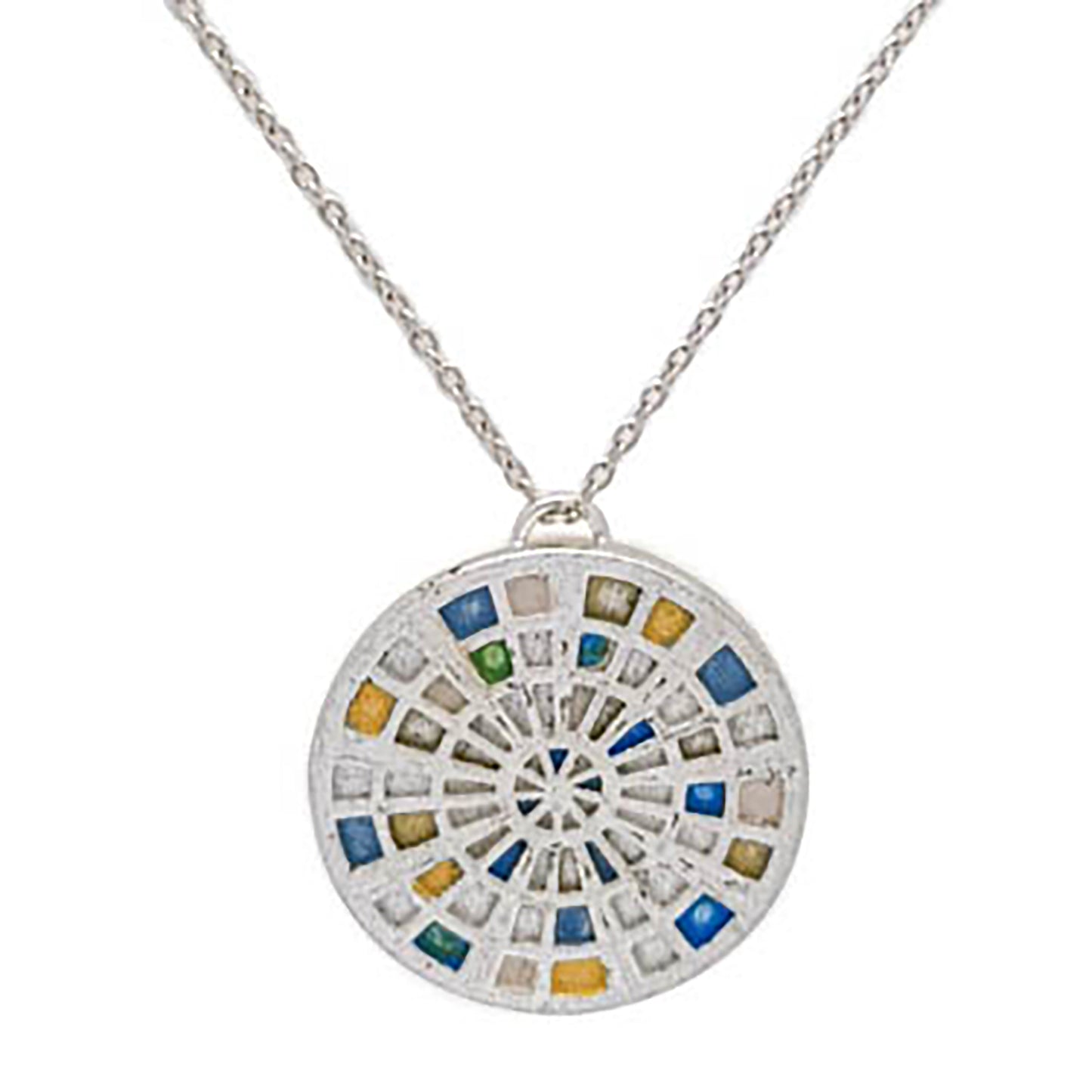 Introducing the "Talis Necklace blue 70cms" by FR | Art Jewellery—an elegant silver piece adorned with a round pendant that features an intricate stained glass window design. This mosaic pattern is comprised of small blue, green, yellow, and white squares arranged in a captivating circular layout. For the perfect ensemble, pair it with our gold-plated earrings or explore our custom-made options for unique handmade jewellery pieces.