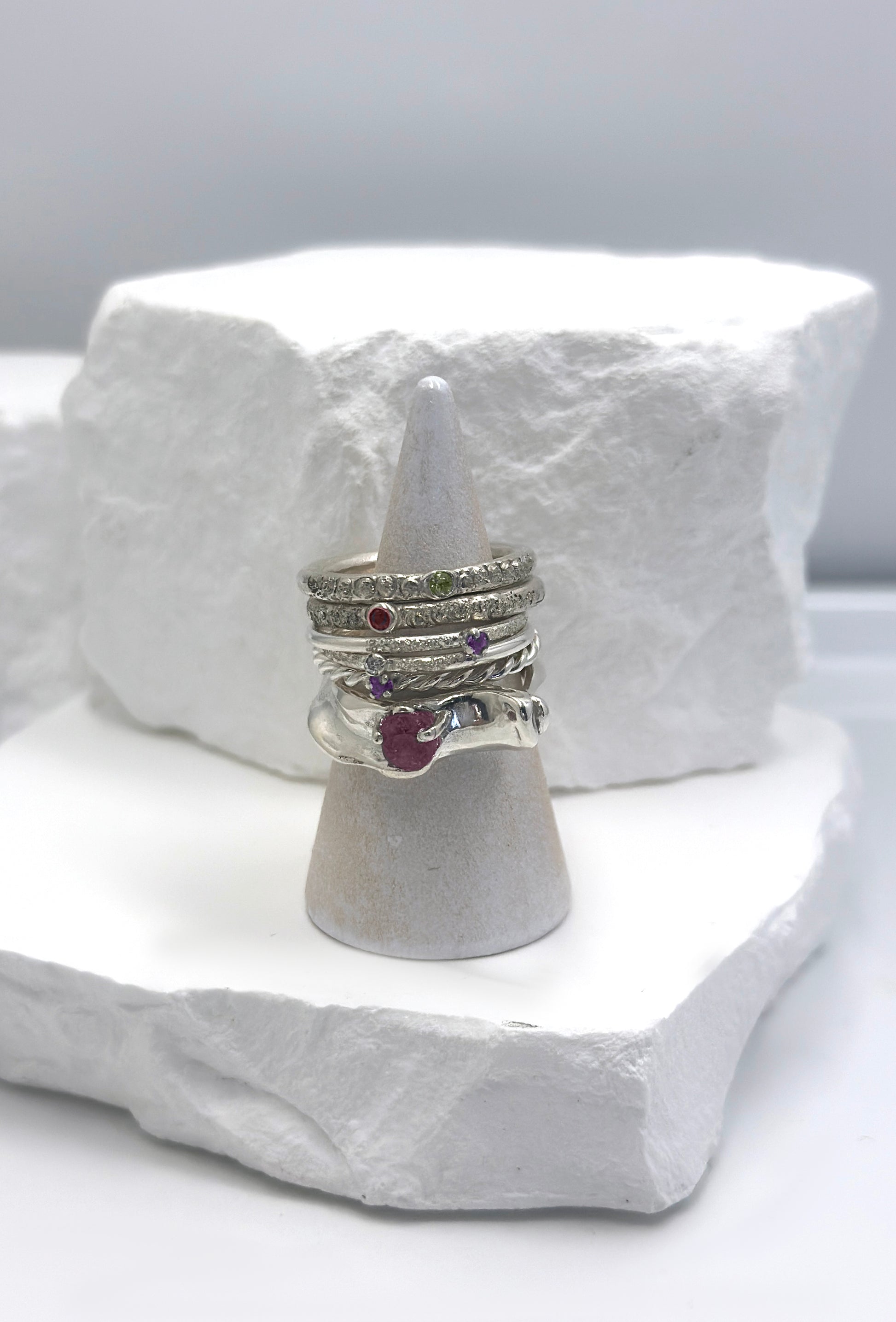 Sterling silver Tinytoo ring with red ruby peridot, amethyst, diamond gemstone, handmade stacking ring with textured finish.