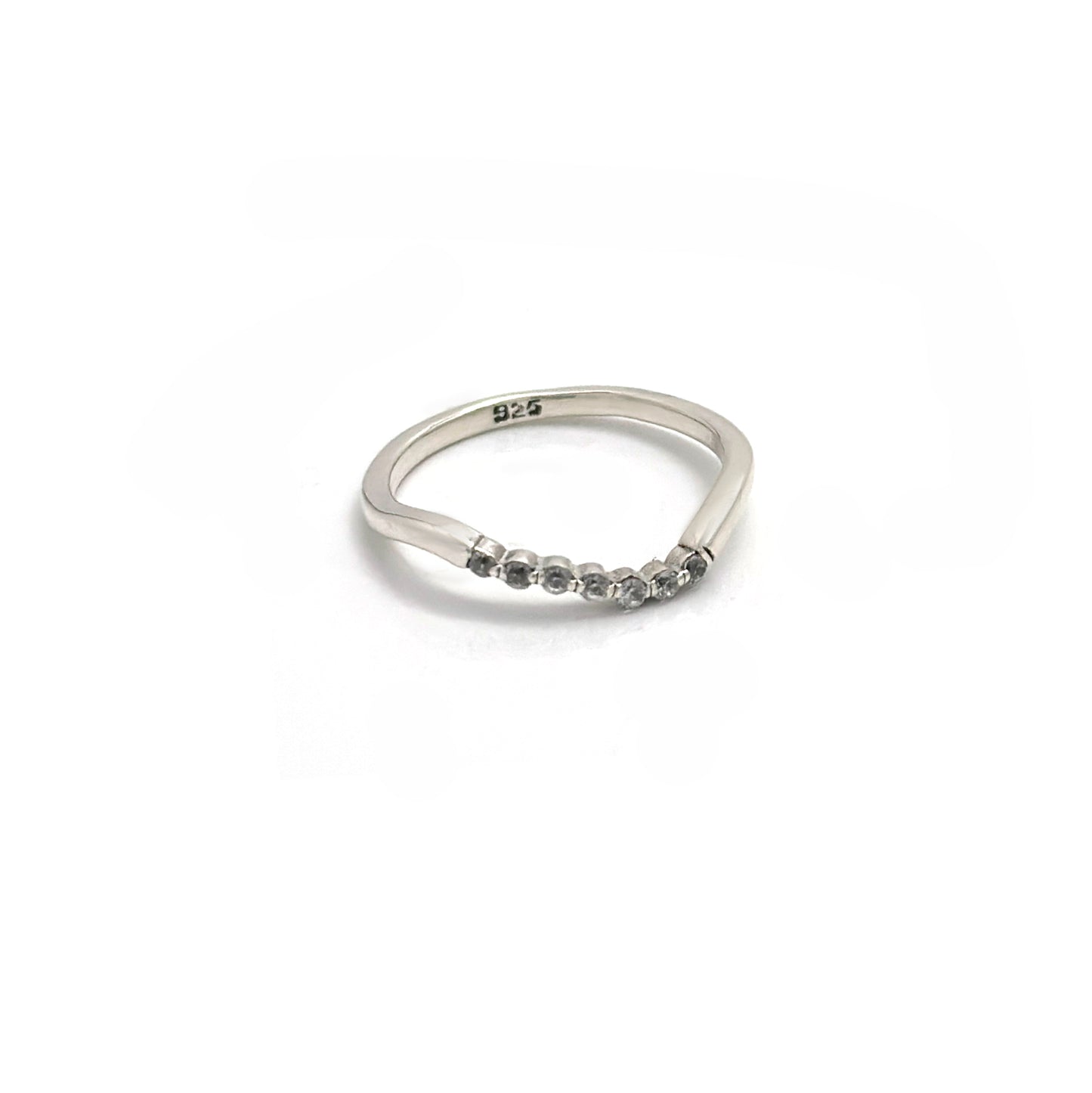 The Tiny Wave Ring (Quartz) by FR | Art Jewellery features a delicate silver curved band with sparkling diamonds set along the top half, ideal for personalised stackable ring collections.