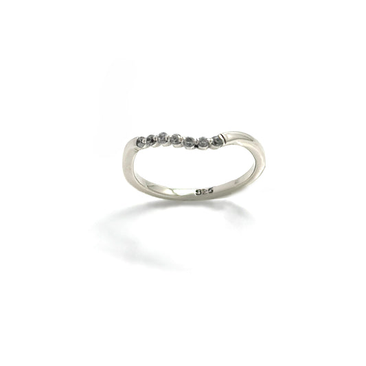The Tiny Wave Ring (Quartz) by FR | Art Jewellery features a delicate silver curved band with sparkling diamonds set along the top half, ideal for personalised stackable ring collections.