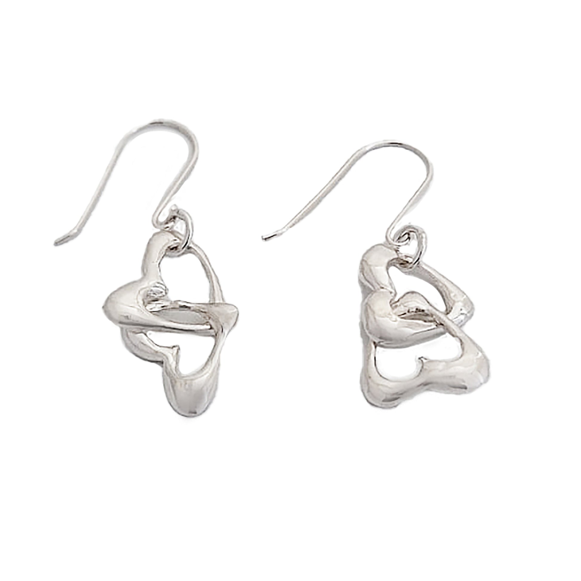 Introducing the Together Love Earrings by FR | Art Jewellery: a pair of silver dangle earrings showcasing artistic, intertwined metal shapes. The design features smooth, flowing curves that create an abstract, modern look. Each earring hangs from a simple hook and boasts a polished, shiny finish. Elevate any outfit with this exquisite piece of handmade jewellery.