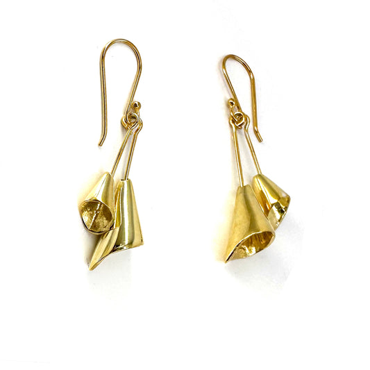 A close-up of two handmade Tulip Earrings by FR | Art Jewellery, each featuring intricately crafted cone-shaped pendants plated in gold. Positioned near a ruler, the earrings measure approximately 5 centimeters in length each. They are designed with hooks for wearing and showcase exquisite craftsmanship, making them perfect for custom-made orders.